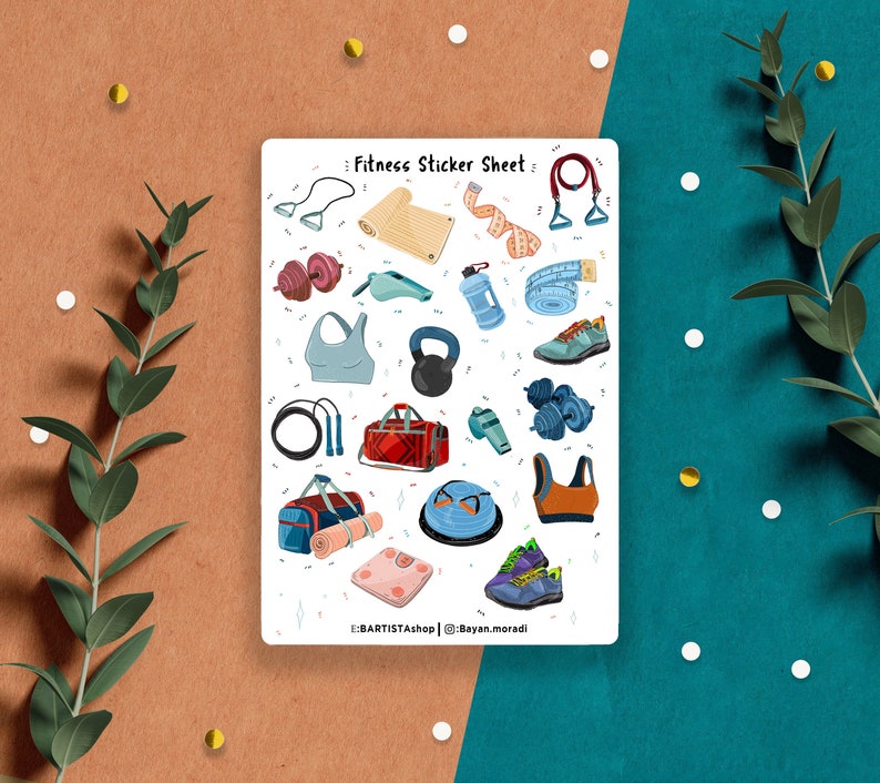 May include: A sheet of fitness-themed stickers featuring various workout equipment, including dumbbells, a jump rope, a yoga mat, a kettlebell, a water bottle, and a pair of running shoes. The stickers are on a white background with a light blue border. The text "Fitness Sticker Sheet" is at the top of the sheet.