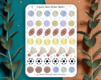 Sports balls sticker sheet, planner stickers, Journal stickers, sports sticker sheet, fitness stickers, Football, rugby, tennis, Journalling