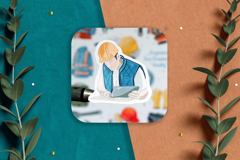 Może przedstawiać: Kresk&oacute;wkowa ilustracja robotnika budowlanego w ż&oacute;łtym kasku i niebieskim kamizelce, korzystającego z tabletu.