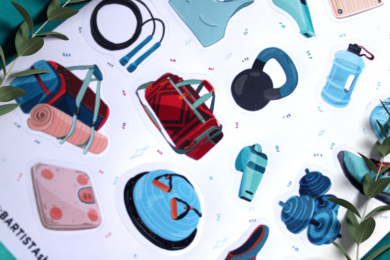 May include: A set of colorful fitness stickers featuring a variety of gym equipment, including a yoga mat, a duffel bag, a kettlebell, a water bottle, a jump rope, a scale, a stability ball, dumbbells, and a whistle.