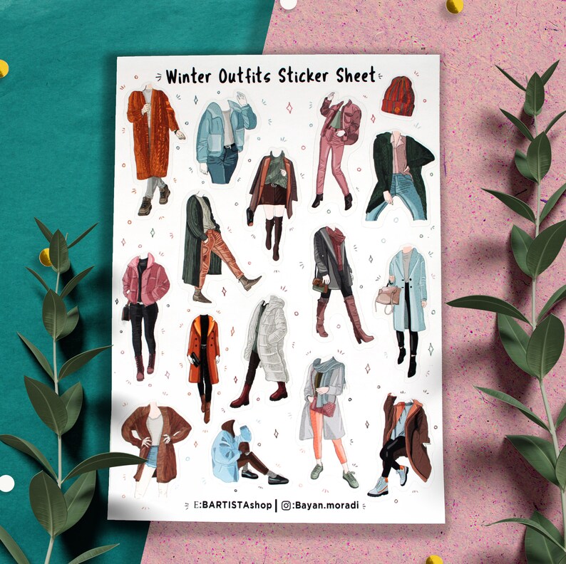 May include: A sticker sheet with 16 illustrations of winter outfits. The outfits are drawn in a cartoon style and feature a variety of colors and patterns. The sticker sheet is white with a black border and the text "Winter Outfits Sticker Sheet" at the top.