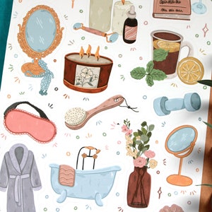 May include: A set of stickers featuring illustrations of self-care items, including a bath tub, a candle, a cup of tea, a sleep mask, a robe, a dumbbell, a brush, a mirror, and a bottle of essential oil.