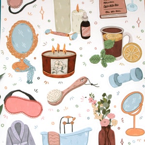 May include: A set of stickers featuring illustrations of self-care items, including a bathrobe, a bath, a candle, a face mask, a glass of tea, a book, a dumbbell, a face brush, a face roller, a bottle of essential oil, a hand mirror, and a bouquet of flowers.