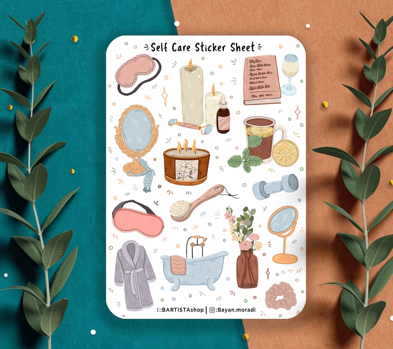 May include: A sticker sheet with illustrations of self-care items, including a bath, candles, a glass of wine, a book, a sleep mask, a hair scrunchie, a bathrobe, a mirror, a dumbbell, a brush, and a vase of flowers. The text "Self Care Sticker Sheet" is at the top of the sheet.