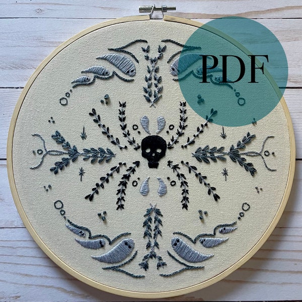 Victorian Skull Ghost Hand Embroidery Pattern, Digital Download Pattern, Beginner Embroidery Pattern