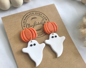 Pumpkin and Ghost Earrings | Polymer Clay Earrings, Fall Earrings, Halloween Earrings, Ghost Earrings, Pumpkin Earrings, Dangle Earrings