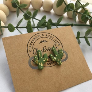 Spanish Olive & Gold Leaf Cactus Stud Earrings | Polymer Clay Earrings, Cactus Stud Earrings, Gold Leaf Flake Earrings, Small Cactus Studs