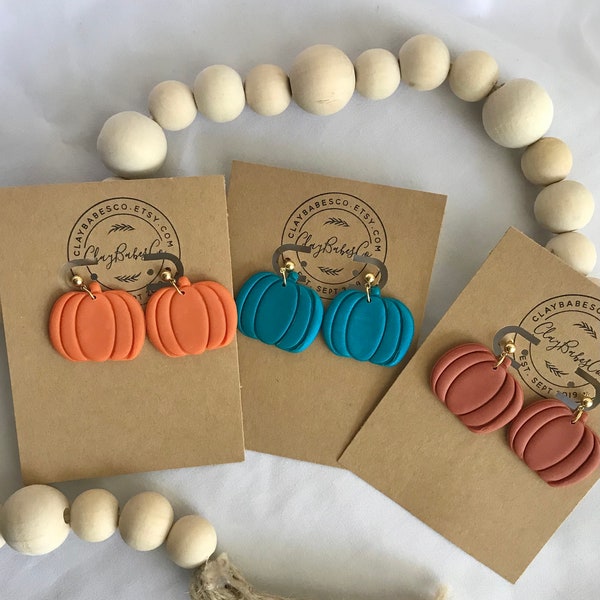 Pumpkin Dangle Earrings | Polymer Clay Earrings, Fall Earrings, Teal Pumpkin Earrings, Burnt Orange Pumpkin Earrings, Terracotta Pumpkin