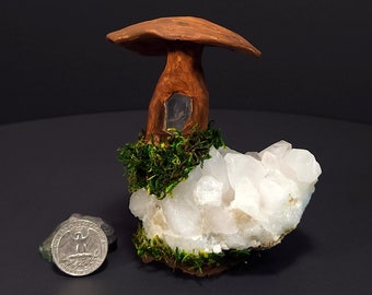 Mushroom Sculpture on a Quartz Crystal Cluster, Clay Mushroom with Crystal Portal and Moss on a Hand Dug Arkansas Quartz Crystal Cluster