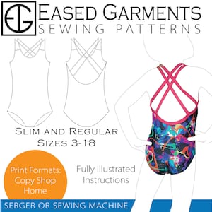 以下が含まれることがあります： 背中がクロスデザインのレオタードまたは水着の縫製パターン。パターンにはサイズ3〜18が含まれており、オーバーロックまたはミシンでの使用に適しています。画像は、ピンクのトリムが付いたカラフルなレオタードを示しています。