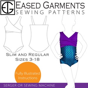 May include: A sewing pattern for a swimsuit with a purple and blue mermaid-scale design. The pattern includes instructions for both slim and regular sizes, ranging from 3 to 18. The pattern is for use with a serger or sewing machine.