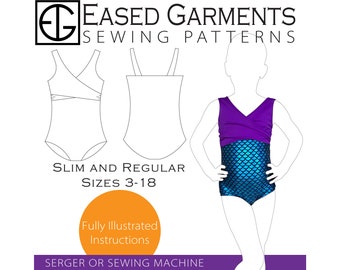 May include: A sewing pattern for a swimsuit with a purple and blue mermaid-scale design. The pattern includes instructions for both slim and regular sizes, ranging from 3 to 18. The pattern is for use with a serger or sewing machine.