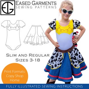 May include: A sewing pattern for a girl's costume, featuring a white bodysuit with yellow accents and a blue and white cow print skirt. The pattern includes instructions for sizes 3-18 and is available in print formats for copy shops and home printing.