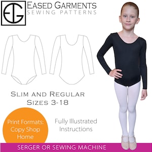 May include: A girl in a black leotard and white tights stands next to a sewing pattern. The pattern is for leotards, with text reading "Eased Garments Sewing Patterns" and "Slim and Regular Sizes 3-18".