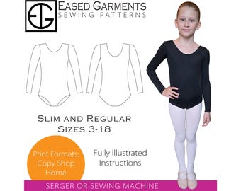 May include: A young girl wearing a black long-sleeved leotard and white tights. The image also shows a sewing pattern for leotards, with the text "Eased Garments Sewing Patterns" and "Slim and Regular Sizes 3-18".