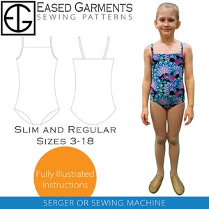 May include: A sewing pattern for a leotard with a slim and regular fit. The pattern is available in sizes 3-18. The image shows a line drawing of the leotard and a girl wearing a leotard with a floral print.
