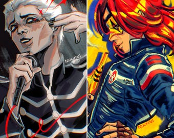May include: A split image featuring two stylized illustrations. The left side depicts a person with white hair, holding a microphone. The right side shows a person with red hair, wearing a blue jacket. Both images have a comic book style.