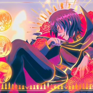 May include: A digital illustration of a man with purple hair wearing a black and gold jacket with a red lining. He is sitting on a throne made of chess pieces and surrounded by red roses. The background is a soft yellow and pink.