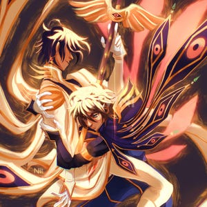 Puede incluir: Arte digital de dos figuras con vestiduras ornamentadas y fluidas. Una figura sostiene un báculo con un diseño de ave dorada. La paleta de colores incluye tonos dorados, blancos, azul marino y melocotón, creando un tema de fantasía.