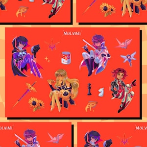 May include: A collection of anime-style stickers on a red background. The stickers feature various characters, objects, and symbols, including a sword, a sunflower, a can of soda, and the text "NOLVINI". The stickers are colorful and detailed.