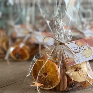 Peut inclure: Un sachet en plastique transparent contenant un kit pour pot-pourri mijoté avec des tranches d'orange séchées, des bâtons de cannelle et des tranches de pomme séchées. Le sachet est noué avec de la ficelle et porte une étiquette Simmer Scents.