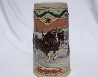 1996 Budweiser Holiday Stein - American Homestead - featuring the Budweiser Clydesdale horses - Made by Ceramate