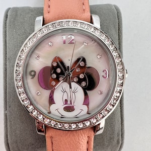 Minnie Mouse Rhinestone Watch - Women&#39;s Disney Silver Tone Watch with Pink Leather Straps - Made for Disney Parks