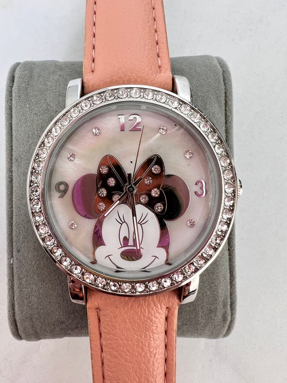 Vintage Minnie Mouse Rhinestone Watch – Disney Pink Leather 