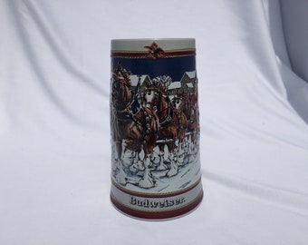 1989 Holiday Beer Stein - Winter Evening - Featuring the Budweiser Clydesdale horses - Made by Ceramate