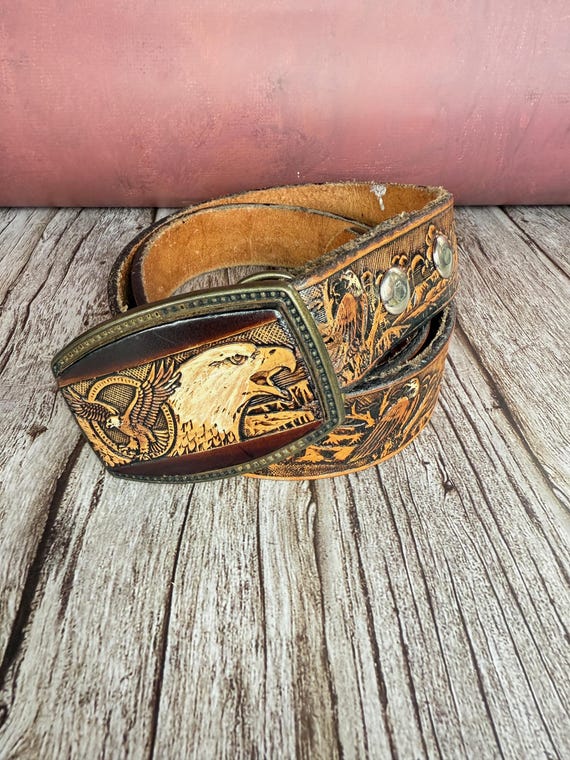 Western Tooled Leather Belt with  Vintage Eagle Buckle vintage TOOLED buckle belt EAGLE leather 30 cowhide WESTERN  main image 2