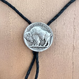 Giant Buffalo Nickel Bolo Tie - US Currency Jewelry - Black leather cords, and silver-toned arrowhead tips