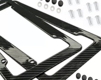 2Pcs Set Of 3D Black Carbon Fiber Finish Front Rear License Number Plate Frame Cover Fit Universal USA Size