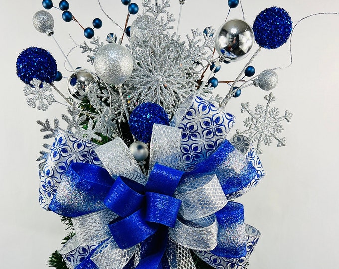 Royal Blue and Silver Glitter Snowflake Topper for Christmas Tree, Blue