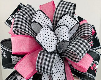 Easter Rabbit Bow: Black & White Check, Pink Accent - Spring Decor