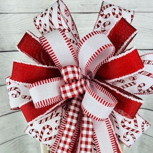 Outdoor red and white candy cane bow for lantern swag or mailbox, Christmas candy cane bow for front porch post or door hanger