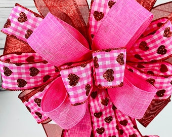 Valentine's Pink Gingham Bow: Red Glitter Hearts, Farmhouse Decor