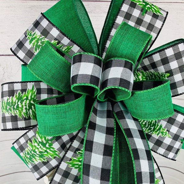 Outdoor  Green with Black and White Buffalo Check Christmas tree bow, Christmas bow for mailbox, Lantern swag bow, Tree topper bow.