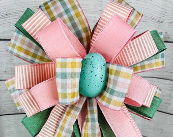 Pastel coral, green and plaid Easter bow for lantern or Easter basket, Pastel Easter bow with Easter egg for mailbox or porch post,