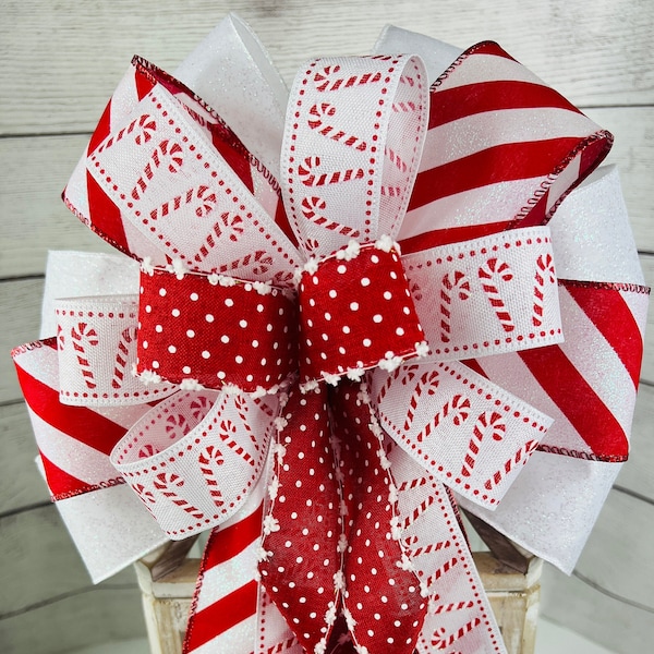 Candy Cane Outdoor Christmas lantern swag bow, Red and white peppermint candy cane bow for mailbox, Candy cane bow for wreath