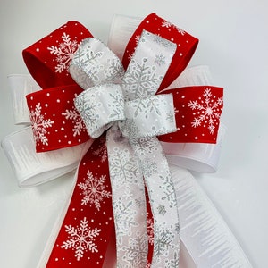 Outdoor Christmas Bow for lantern swag, Red and white snowflake Christmas bow for mailbox, Red velvet and silver glitter bow for front door