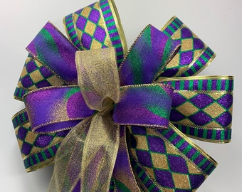 Mardi Gras Bow: Harlequin Purple, Green, and Gold Lantern Swag