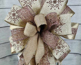 Outdoor rose gold Christmas snowflake bow for lantern swag or front porch post, farmhouse Rose gold Christmas bow for wreath or mailbox,