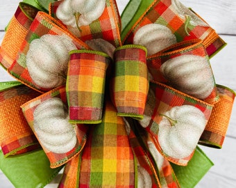 Outdoor fall white pumpkin bow for mailbox or lantern, Fall pumpkin bow for front door or porch post, Fall bow for wreath attachment