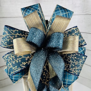 Elegant Navy Blue and Gold Christmas bow for lantern swag, Blue and gold plaid bow for mailbox, Dark blue glitter bow for wreath