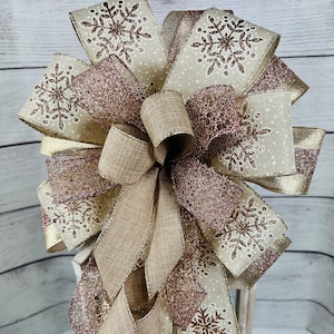 Outdoor rose gold Christmas snowflake bow for lantern swag or front porch post, farmhouse Rose gold Christmas bow for wreath or mailbox,