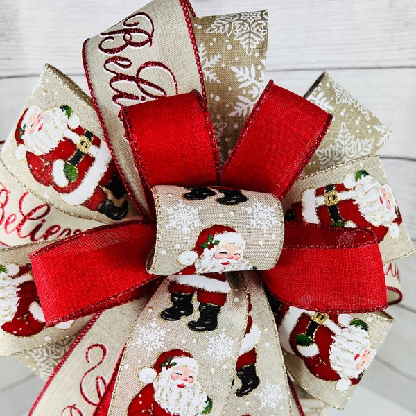 Outdoor Vintage Santa Mailbox bow, Vintage Santa Bow for Lantern swag, Santa Tree topper bow, "Believe" Santa Bow for wreath
