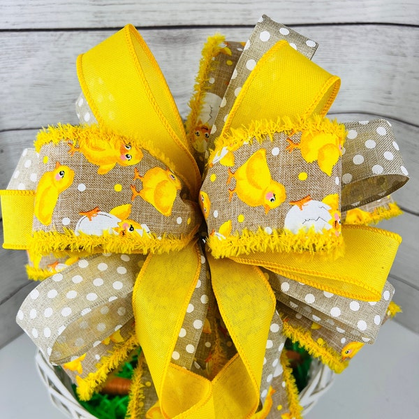 Outdoor Bright Easter bow for lantern swag or basket, Easter chicks bow with polka dots for mailbox, Yellow spring chicks bow for home decor