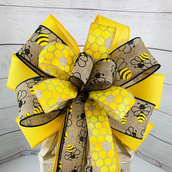 Outdoor Summer Bee Bow, Lantern Swag, Spring Bow For Porch Post, Bee Mailbox Bow