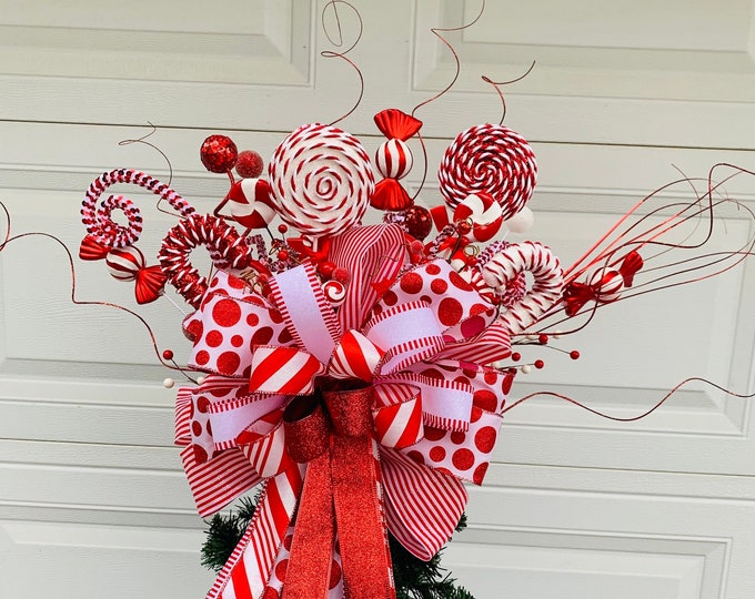 Peppermint Christmas Tree Topper, Candy Cane Tree Topper, Red and White