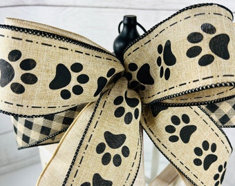 Small Dog Paw bow for lantern, Natural burlap and black Dog Paw outdoor bow foe mailbox decor, Dog Paw flower pot bow